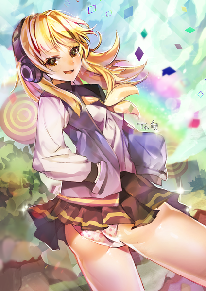 Anime picture 1000x1415 with maplestory maplestory 2 wades mika naeun (pinky1866) single long hair tall image blush fringe open mouth light erotic blonde hair smile standing brown eyes sky cloud (clouds) pleated skirt looking back wind