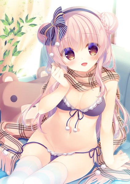 Anime picture 707x1000 with original yukie (peach candy) single long hair tall image looking at viewer blush fringe breasts open mouth light erotic smile hair between eyes sitting brown eyes pink hair cleavage braid (braids) :d arm support