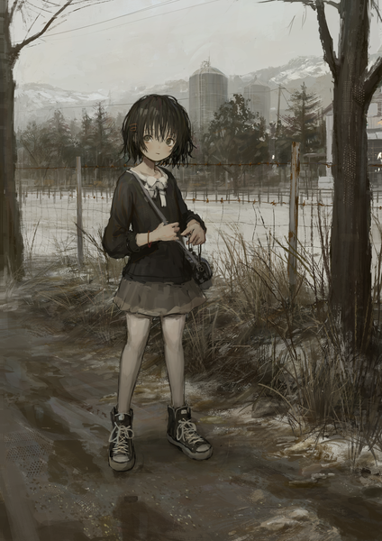 Anime picture 2894x4093 with original converse shion (mirudakemann) single tall image looking at viewer blush fringe highres short hair black hair hair between eyes standing brown eyes sky cloud (clouds) full body outdoors bare legs winter