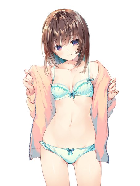 Anime picture 904x1200 with original miwabe sakura single long hair tall image looking at viewer blush fringe breasts light erotic simple background hair between eyes brown hair standing white background purple eyes mole open jacket ass visible through thighs girl