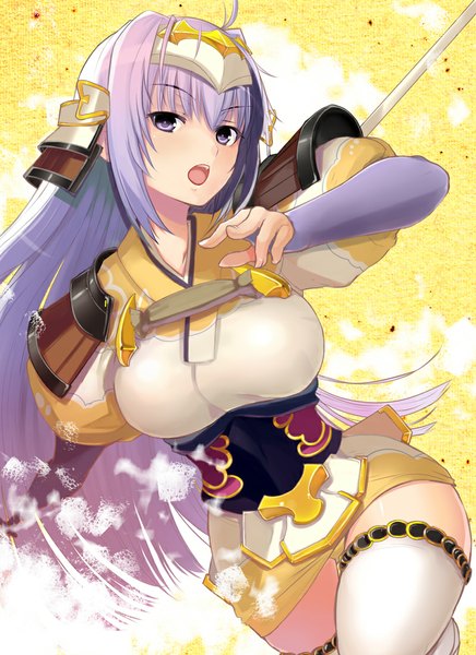 Anime picture 800x1101 with rance (series) sengoku rance alice soft hareno chiame hareno chiame (artist) single long hair tall image looking at viewer breasts open mouth light erotic large breasts purple eyes purple hair pantyshot girl thighhighs underwear panties