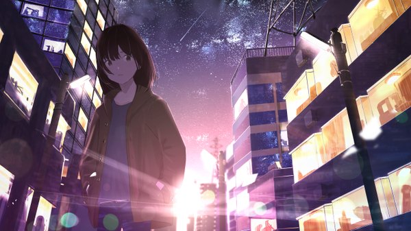 Anime picture 2560x1440 with original rotus single fringe highres short hair black hair wide image standing looking away sky outdoors long sleeves parted lips night wide sleeves open jacket from below night sky lens flare