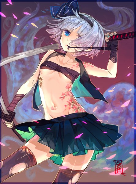 Anime picture 2000x2700 with touhou konpaku youmu myon sono (pixiv) single tall image fringe highres short hair blue eyes light erotic silver hair nail polish hair over one eye midriff tattoo mouth hold cherry blossoms girl thighhighs