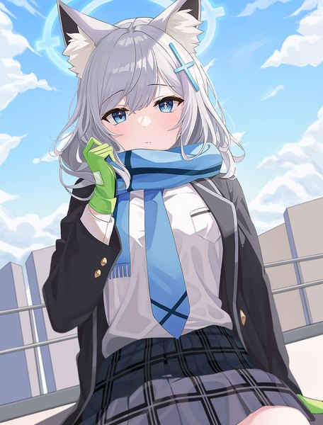 Anime picture 1140x1500 with blue archive shiroko (blue archive) pipipipyu single long hair tall image looking at viewer fringe blue eyes hair between eyes sitting animal ears sky silver hair cloud (clouds) girl gloves uniform school uniform scarf