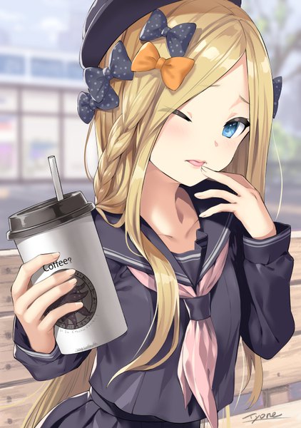 Anime picture 571x810 with fate (series) fate/grand order abigail williams (fate) tyone single long hair tall image looking at viewer blush fringe blue eyes blonde hair hair between eyes holding signed outdoors braid (braids) long sleeves one eye closed blurry