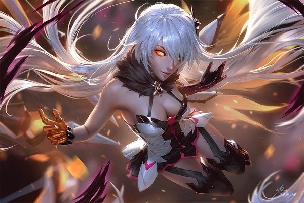 Anime picture 1500x1000 with honkai impact 3rd benghuai xueyuan honkai (series) kiana kaslana kiana kaslana (herrscher of the void) raikoart single looking at viewer fringe breasts light erotic signed cleavage silver hair full body very long hair from above lips hair over one eye realistic