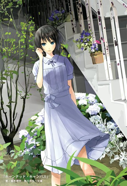 Anime picture 735x1080 with original mikipuruun no naegi single tall image short hair blue eyes black hair girl dress flower (flowers) plant (plants) sundress