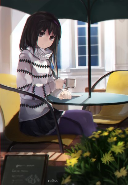Anime picture 1062x1535 with mahou shoujo madoka magica shaft (studio) akemi homura swd3e2 single long hair tall image looking at viewer black hair sitting black eyes crossed legs girl flower (flowers) hairband umbrella sweater chair table cup