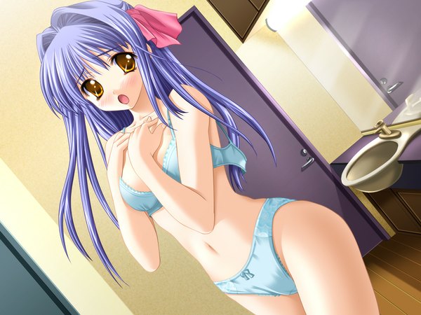 Anime picture 1024x768 with light erotic yellow eyes blue hair game cg underwear only undressing underwear panties lingerie bra blue panties blue bra