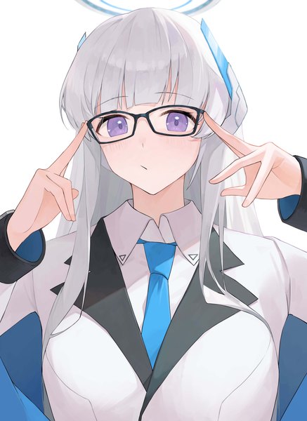 Anime picture 3982x5473 with blue archive noa (blue archive) randouworks single long hair tall image looking at viewer fringe highres simple background white background purple eyes absurdres silver hair upper body blunt bangs adjusting glasses bespectacled girl glasses