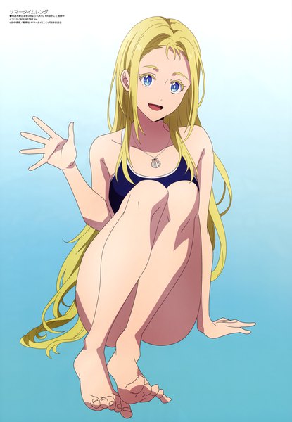Anime picture 4092x5919 with summertime render megami magazine kofune ushio aqua inc. single long hair tall image looking at viewer highres open mouth blue eyes light erotic simple background blonde hair smile sitting absurdres full body :d barefoot