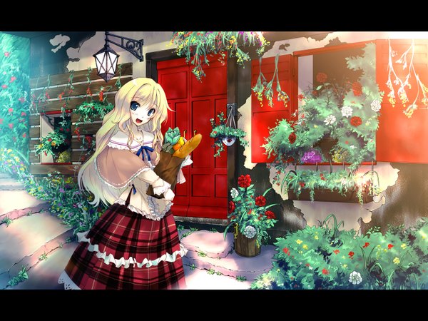 Anime picture 1600x1200 with original tamaki fuyu long hair highres blue eyes blonde hair wallpaper dress plant (plants) house door groceries
