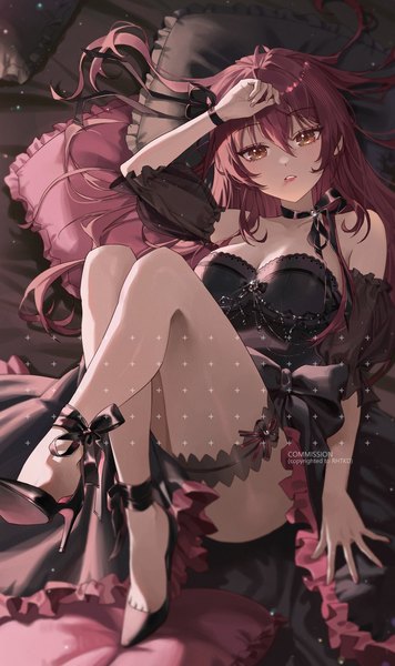Anime picture 3241x5455 with idolmaster idolmaster cinderella girls jougasaki mika sssong aa single long hair tall image looking at viewer blush highres light erotic yellow eyes pink hair absurdres cleavage bent knee (knees) lying parted lips arm up on back