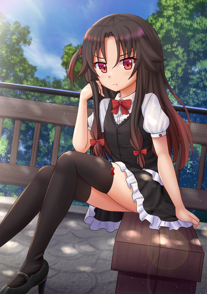 Anime picture 1200x1697 with ryuuou no oshigoto! yashajin ai kazenokaze single long hair tall image looking at viewer blush black hair red eyes sitting outdoors arm support loli puffy sleeves one side up :t girl thighhighs dress
