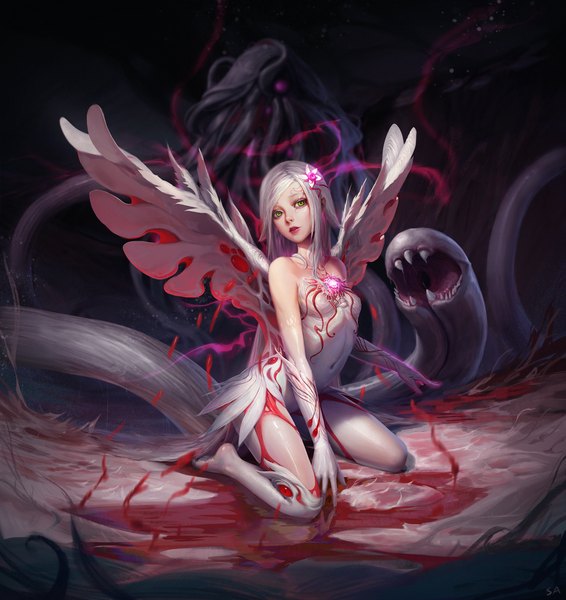 Anime picture 1920x2037 with original cthulhu mythos sarena single long hair tall image looking at viewer highres bare shoulders green eyes silver hair full body parted lips head tilt hair flower blurry realistic no shoes lipstick kneeling