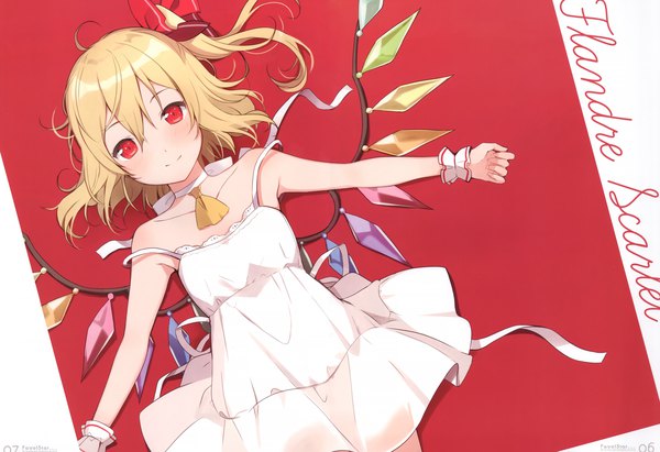 Anime picture 4885x3348 with touhou flandre scarlet 6u (eternal land) single looking at viewer blush fringe highres short hair blonde hair hair between eyes red eyes absurdres scan alternate costume character names one side up spread arms strap slip girl