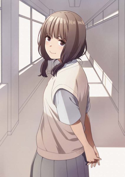Anime picture 636x900 with original mattaku mousuke single tall image looking at viewer blush fringe short hair smile brown hair standing twintails brown eyes signed blunt bangs pleated skirt short sleeves twitter username low twintails turning head