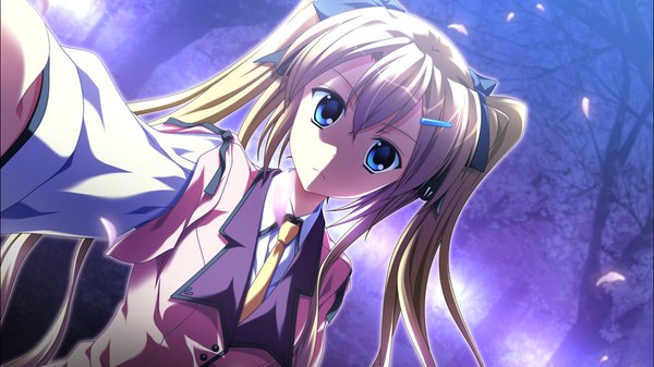 Anime picture 1278x718 with supipara amano angeline hotaru nanao naru long hair blue eyes blonde hair wide image twintails game cg cherry blossoms girl ribbon (ribbons) hair ribbon petals