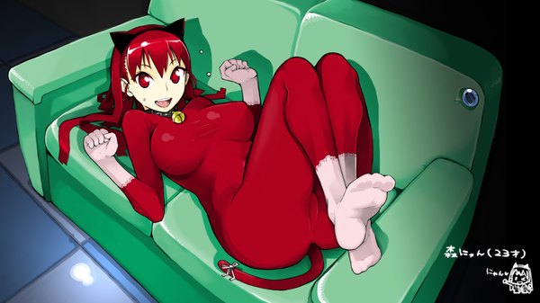Anime picture 1600x900 with original mori hikiko teriyaki long hair breasts light erotic red eyes wide image large breasts animal ears ass red hair tail lying soles bell collar gloves socks bell bodysuit
