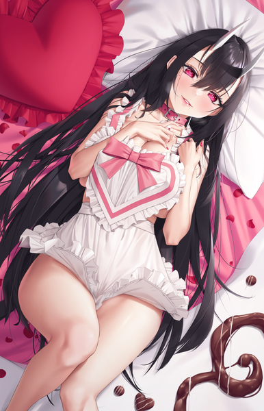 Anime picture 1350x2100 with original silver tokki single long hair tall image looking at viewer blush fringe breasts light erotic black hair smile hair between eyes large breasts lying nail polish parted lips pink eyes horn (horns) fingernails