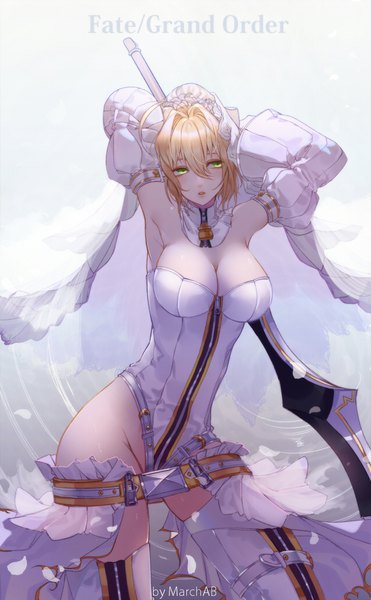 Anime picture 635x1025 with fate (series) fate/grand order fate/extra fate/extra ccc nero claudius (fate) nero claudius (bride) (fate) marchab 66 single tall image fringe short hair breasts light erotic blonde hair hair between eyes large breasts standing green eyes signed looking away