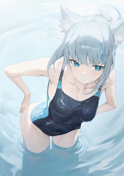 Anime picture 1736x2456 with blue archive shiroko (blue archive) shiroko (swimsuit) (blue archive) ssangbong-llama single long hair tall image looking at viewer blush fringe highres blue eyes light erotic standing animal ears silver hair blunt bangs from above partially submerged official alternate costume