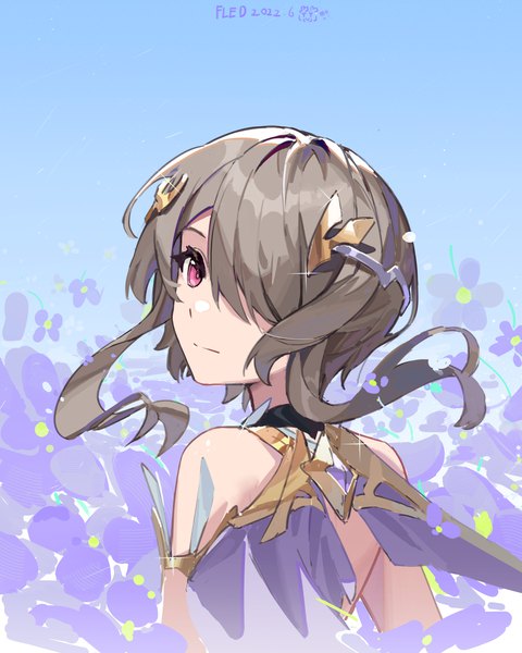 Anime picture 2351x2940 with honkai impact 3rd honkai (series) rita rossweisse rita rossweisse (spina astera) fled single tall image fringe highres short hair brown hair signed upper body pink eyes hair over one eye sparkle dated girl hair ornament