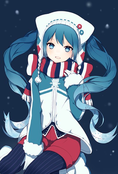 Anime picture 591x874 with vocaloid hatsune miku yuki miku yuki miku (2016) lpip single long hair tall image looking at viewer blush fringe open mouth blue eyes sitting twintails multicolored hair aqua hair arm support hand on chest wariza