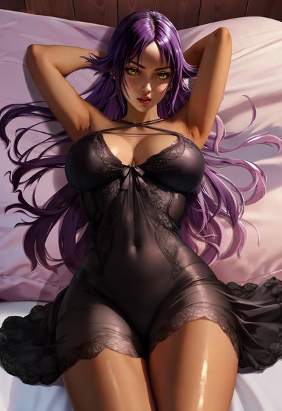 Anime picture 3700x5382 with bleach studio pierrot shihouin yoruichi yi qiang single long hair tall image looking at viewer highres breasts open mouth light erotic large breasts yellow eyes absurdres purple hair lying from above realistic arms up