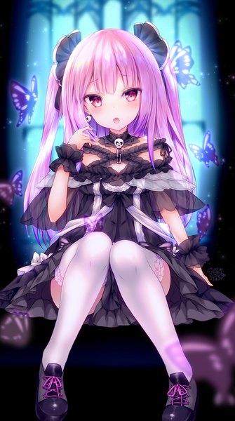 Anime picture 734x1314 with virtual youtuber hololive uruha rushia uruha rushia (3rd costume) kabocha usagi single long hair tall image looking at viewer blush open mouth sitting pink hair pink eyes :o two side up girl thighhighs dress earrings