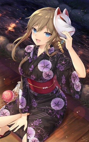 Anime picture 1170x1862 with original mashuu (neko no oyashiro) single long hair tall image looking at viewer blush fringe open mouth blue eyes smile hair between eyes brown hair sitting holding signed outdoors traditional clothes japanese clothes arm up
