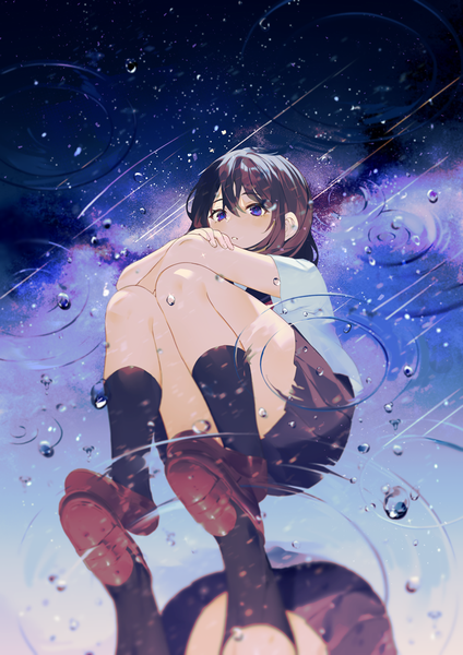 Anime picture 707x1000 with original achiki single tall image looking at viewer blush fringe short hair hair between eyes brown hair purple eyes bent knee (knees) parted lips pleated skirt blurry short sleeves reflection crossed arms squat pov