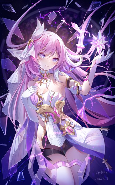 Anime picture 1240x2000 with honkai impact 3rd honkai (series) elysia (honkai impact) elysia (herrscher of human:ego) (honkai impact) miaogujun single long hair tall image breasts purple eyes signed looking away pink hair cleavage light smile electricity girl gloves hair ornament elbow gloves