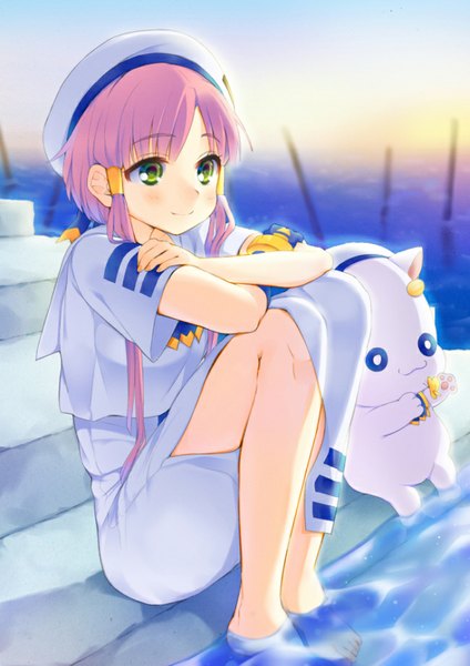 Anime picture 650x919 with aria mizunashi akari aria pokoteng hym9594 single long hair tall image fringe short hair smile green eyes looking away pink hair barefoot crossed legs asymmetrical hair girl animal water beret