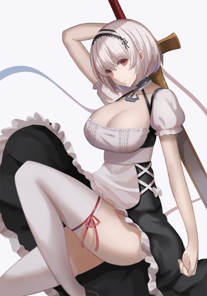 Anime picture 1200x1716 with azur lane sirius (azur lane) yuzu-aki single tall image looking at viewer fringe short hair breasts light erotic simple background hair between eyes red eyes large breasts white background holding silver hair head tilt short sleeves maid