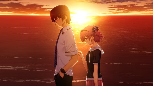Anime picture 2048x1152 with grisaia no kajitsu tagme (character) komine sachi fumio (ura fmo) highres short hair black hair brown hair wide image game cg couple evening sunset hands in pockets girl boy sea
