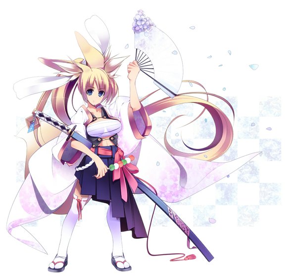 Anime picture 1150x1070 with original dragonmaterial single long hair blue eyes blonde hair ponytail traditional clothes girl thighhighs flower (flowers) weapon petals white thighhighs sword katana fan