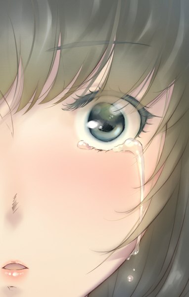 Anime picture 600x940 with flowers (innocent grey) innocent grey yaegaki erika single tall image looking at viewer blush fringe short hair blue eyes brown hair parted lips tears lens flare close-up girl