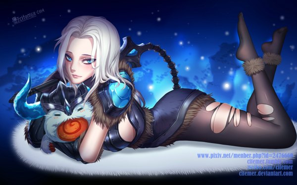 Anime picture 1500x936 with league of legends poro (league of legends) sejuani (league of legends) gu-ko citemer long hair looking at viewer breasts blue eyes light erotic smile wide image large breasts signed cloud (clouds) bent knee (knees) white hair horn (horns) night night sky reclining