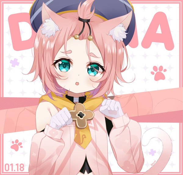 Anime picture 1000x959 with genshin impact diona (genshin impact) deyui single looking at viewer short hair animal ears pink hair upper body tail animal tail aqua eyes cat ears :o cat girl cat tail character names border dated paw pose