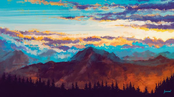 Anime picture 1920x1080 with original aenami highres wide image signed sky cloud (clouds) wallpaper mountain no people landscape scenic