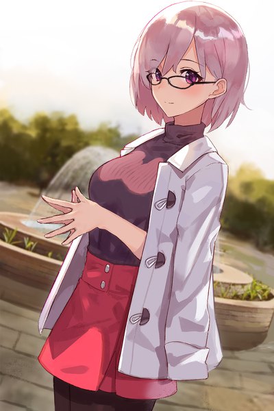 Anime picture 800x1200 with fate (series) fate/grand order mash kyrielight seon (seonon ) single tall image looking at viewer blush fringe short hair breasts smile standing purple eyes pink hair outdoors blurry hair over one eye dutch angle alternate costume