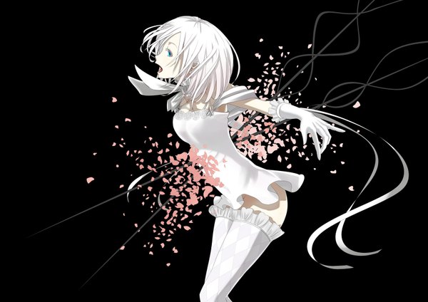 Anime picture 3507x2480 with koyaya (sorano) single highres short hair open mouth blue eyes light erotic simple background absurdres white hair no panties black background girl thighhighs dress gloves ribbon (ribbons) petals white thighhighs white gloves