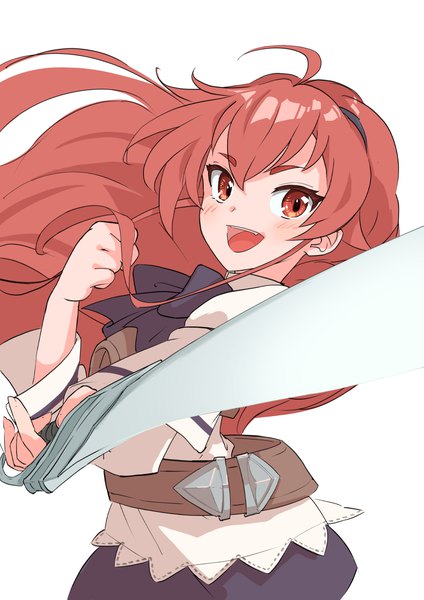 Anime picture 868x1228 with mushoku tensei studio bind eris boreas greyrat arakan single long hair tall image fringe open mouth simple background hair between eyes red eyes white background upper body ahoge red hair :d girl weapon sword