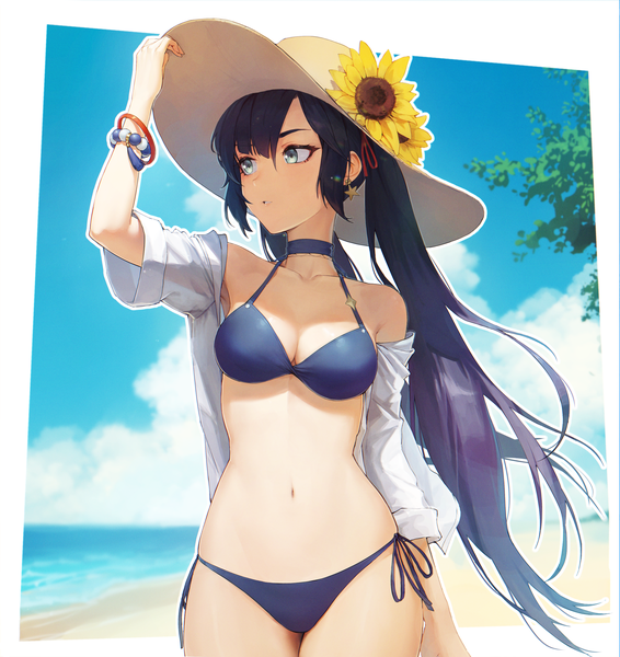 Anime picture 2813x2980 with genshin impact mona megistus alaskastomatoez single long hair tall image highres blue eyes light erotic twintails blue hair looking away sky cloud (clouds) beach border outside border adjusting hat girl flower (flowers)