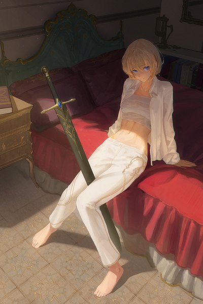 Anime picture 823x1234 with original cool4noodle single tall image looking at viewer fringe short hair blue eyes blonde hair hair between eyes sitting full body indoors barefoot from above sunlight arm support open shirt shaded face sheathed