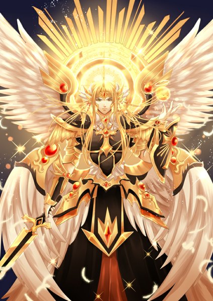 Anime picture 724x1024 with original kurosaki-sasori single long hair tall image looking at viewer fringe holding sparkle angel wings angry angel glowing weapon boy weapon sword wings armor star (stars) jewelry