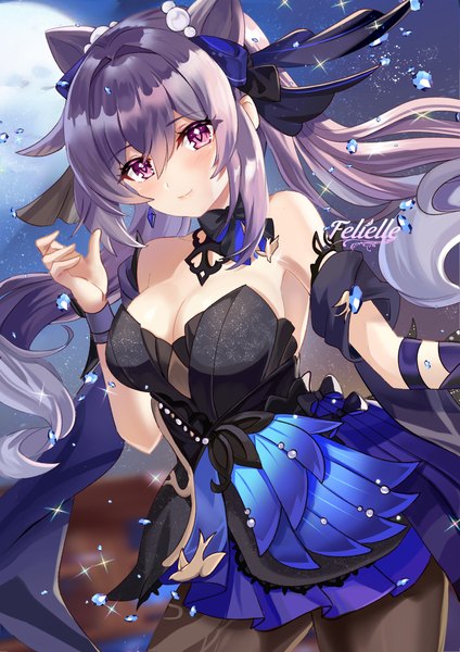 Anime picture 868x1228 with genshin impact keqing (genshin impact) keqing (opulent splendor) (genshin impact) felielle single long hair tall image looking at viewer blush fringe breasts light erotic hair between eyes large breasts standing purple eyes twintails bare shoulders payot purple hair
