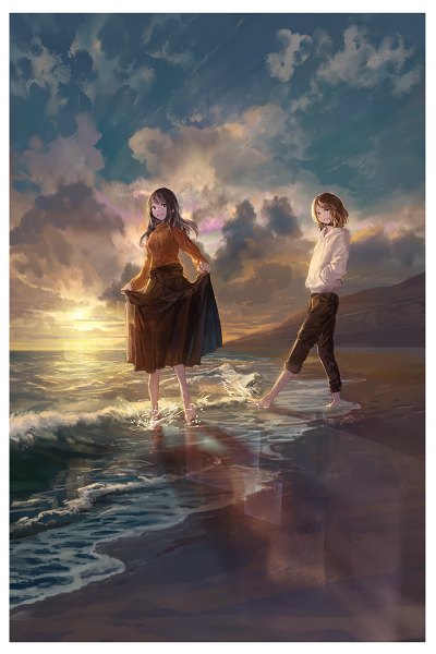 Anime picture 800x1200 with original you shimizu long hair tall image looking at viewer fringe short hair breasts open mouth black hair smile brown hair standing multiple girls holding cloud (clouds) outdoors barefoot black eyes sunlight