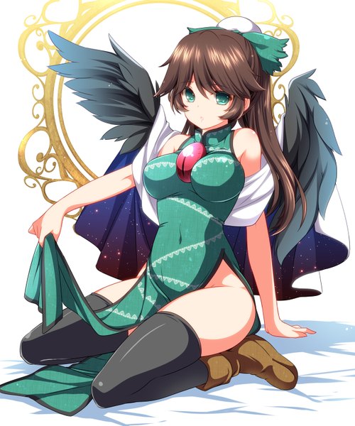 Anime picture 1250x1500 with touhou reiuji utsuho moneti (daifuku) single long hair tall image breasts blue eyes light erotic brown hair bare shoulders starry sky print girl thighhighs dress bow black thighhighs hair bow wings boots